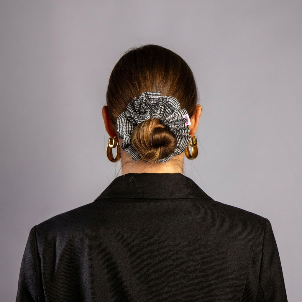 Model foto in studio met scrunchie met zwart-witte ruitjes in het haar