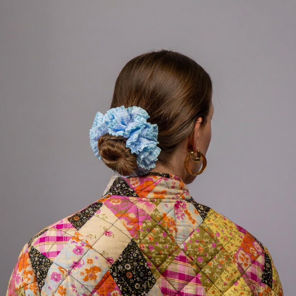 Model foto in studio met lichtblauwe scrunchie met ruitjes in het haar