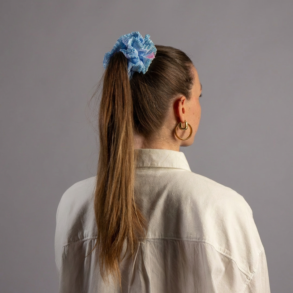 Model foto in studio met lichtblauwe scrunchie met ruitjes in een staart