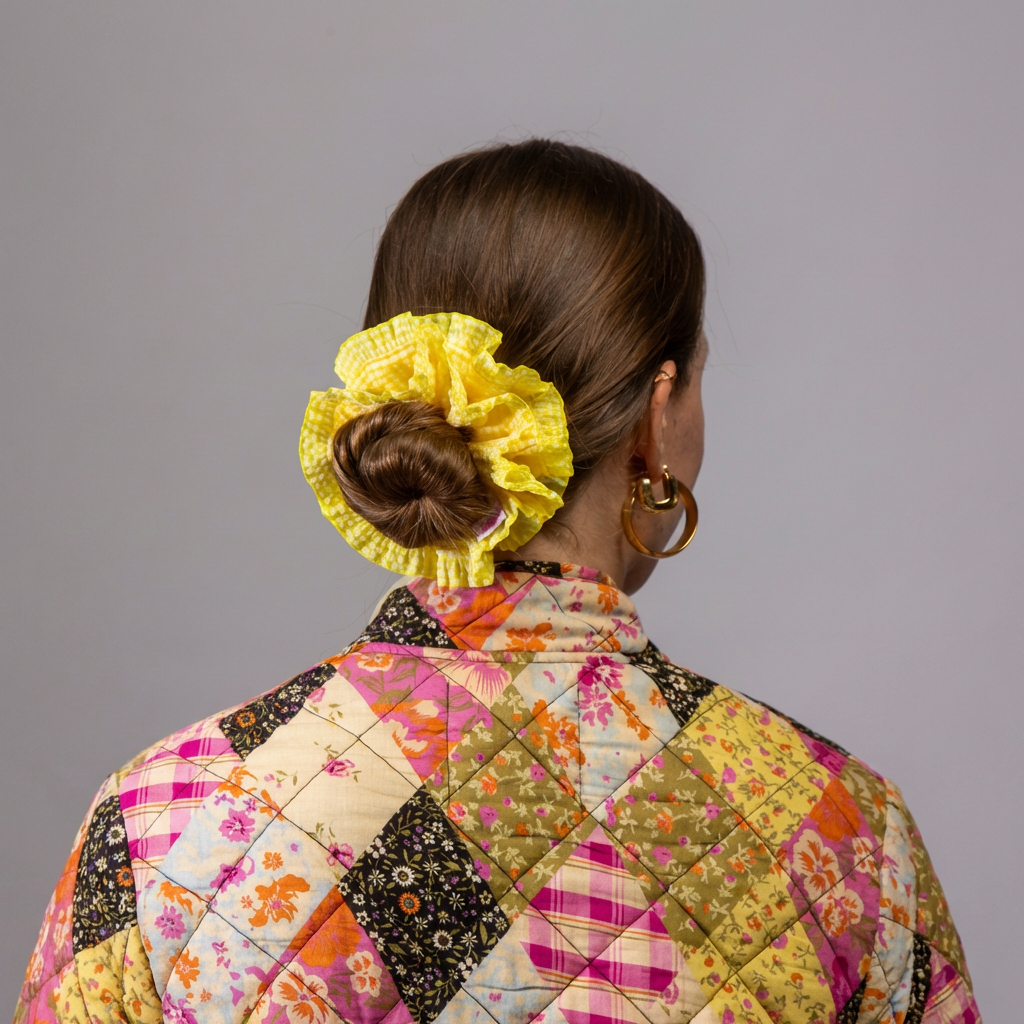 Model foto in studio met gele scrunchie met ruitjes in het haar