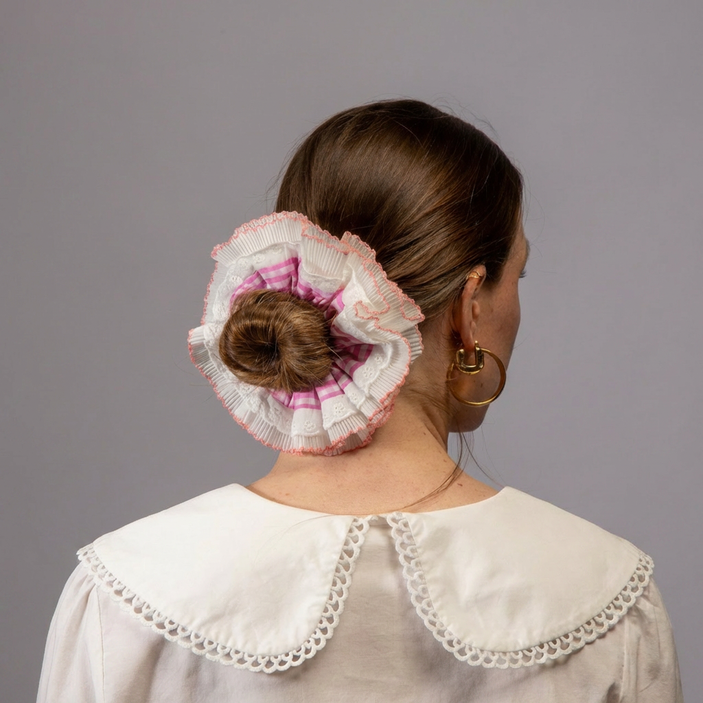 Model foto in studio met wit met roze scrunchie met ruitjes in het haar