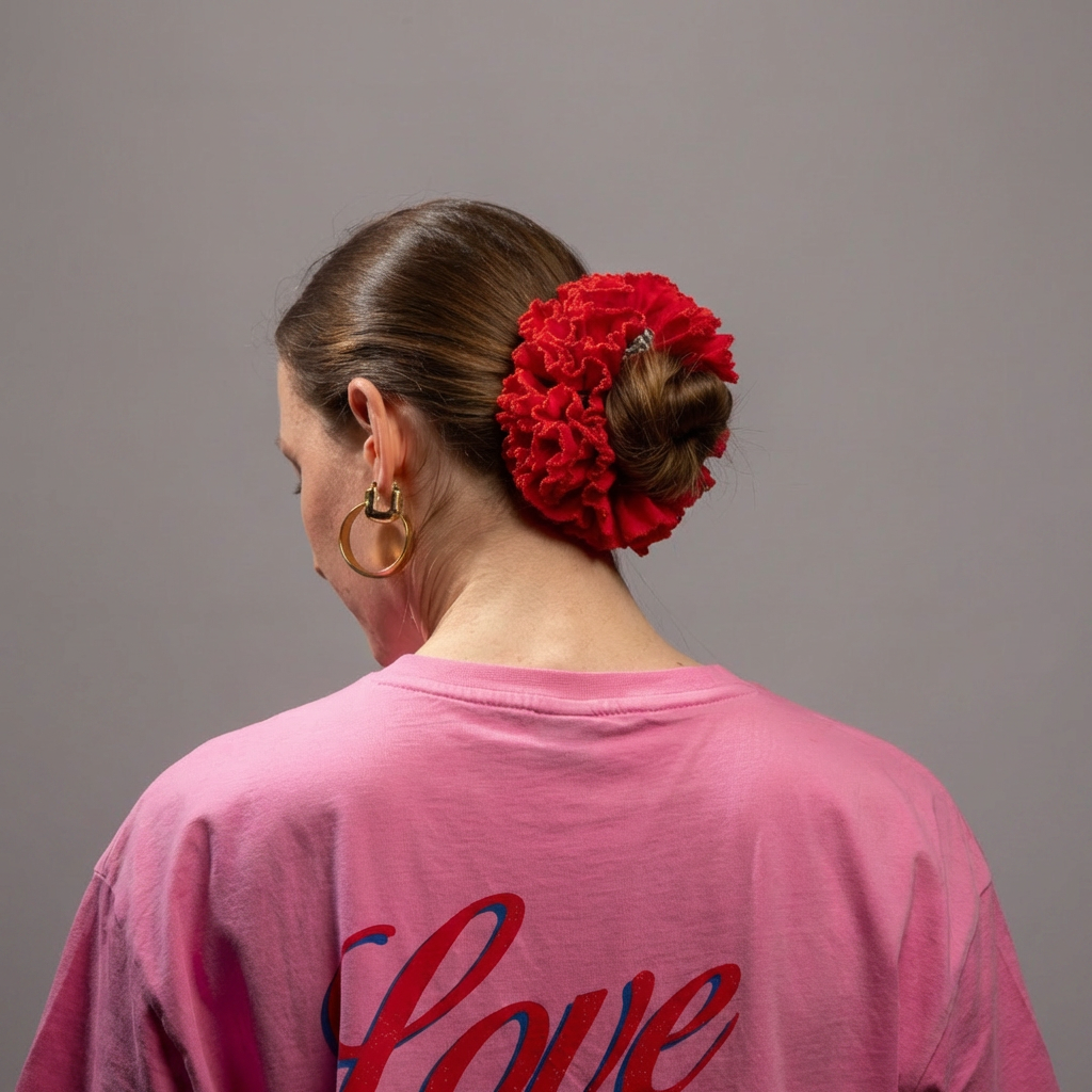 Foto van model die een knot draagt met rode scrunchie in het haar en een roze shirt