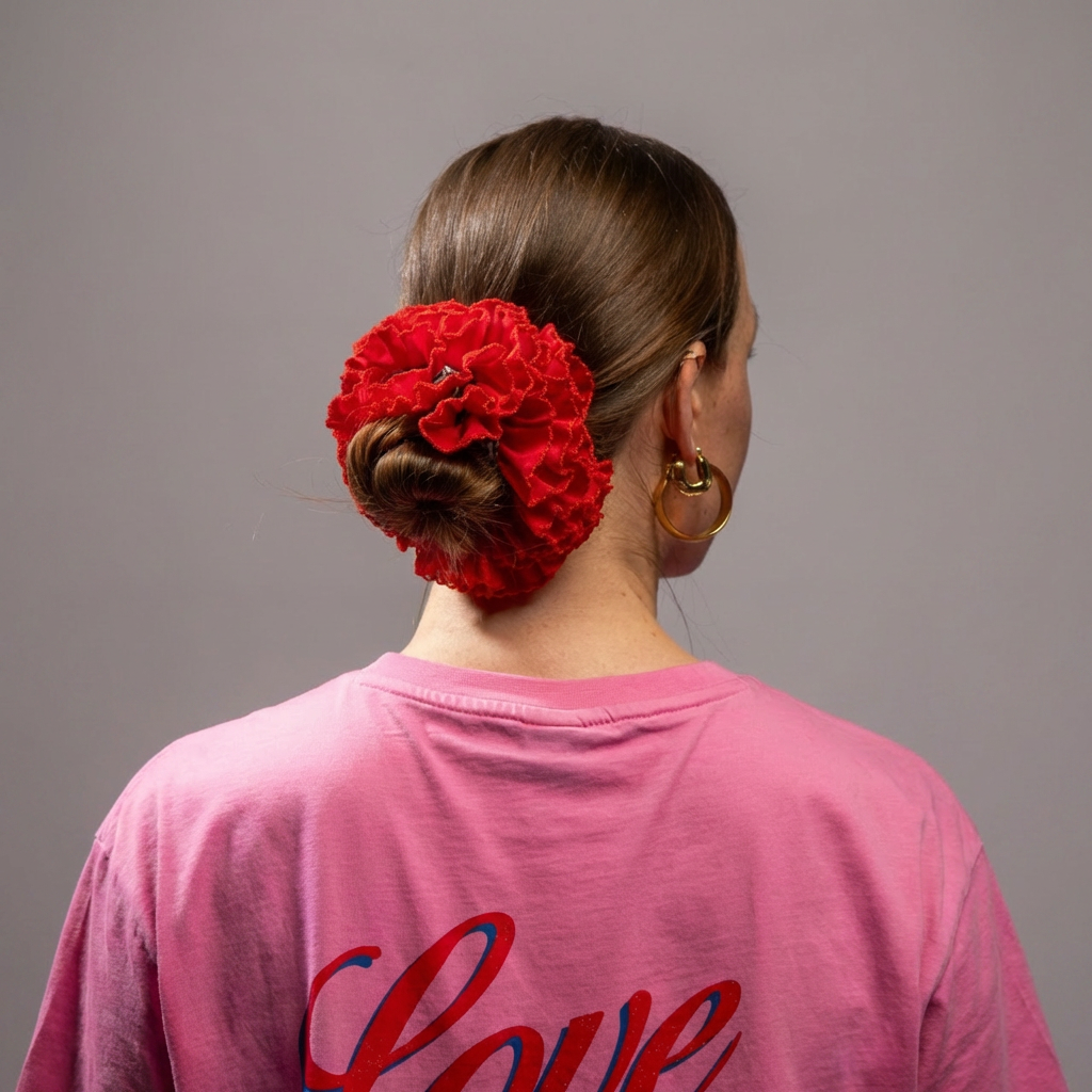 Foto van model die een knot draagt met rode scrunchie in het haar en een roze shirt