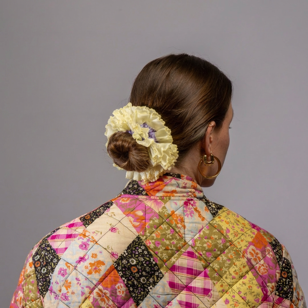 Model foto in studio gele scrunchie met knot in het haar