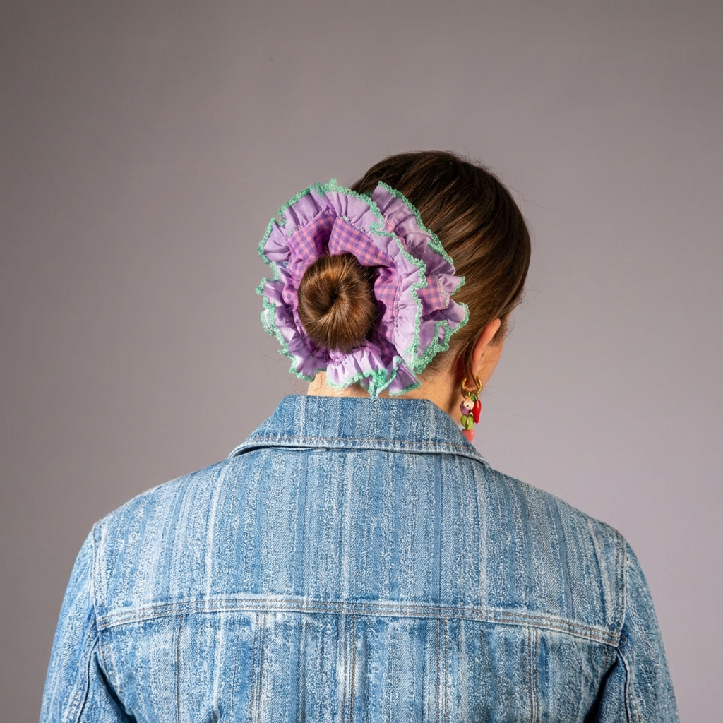 Model foto in studio met paarse scrunchie met ruitjes in het haar