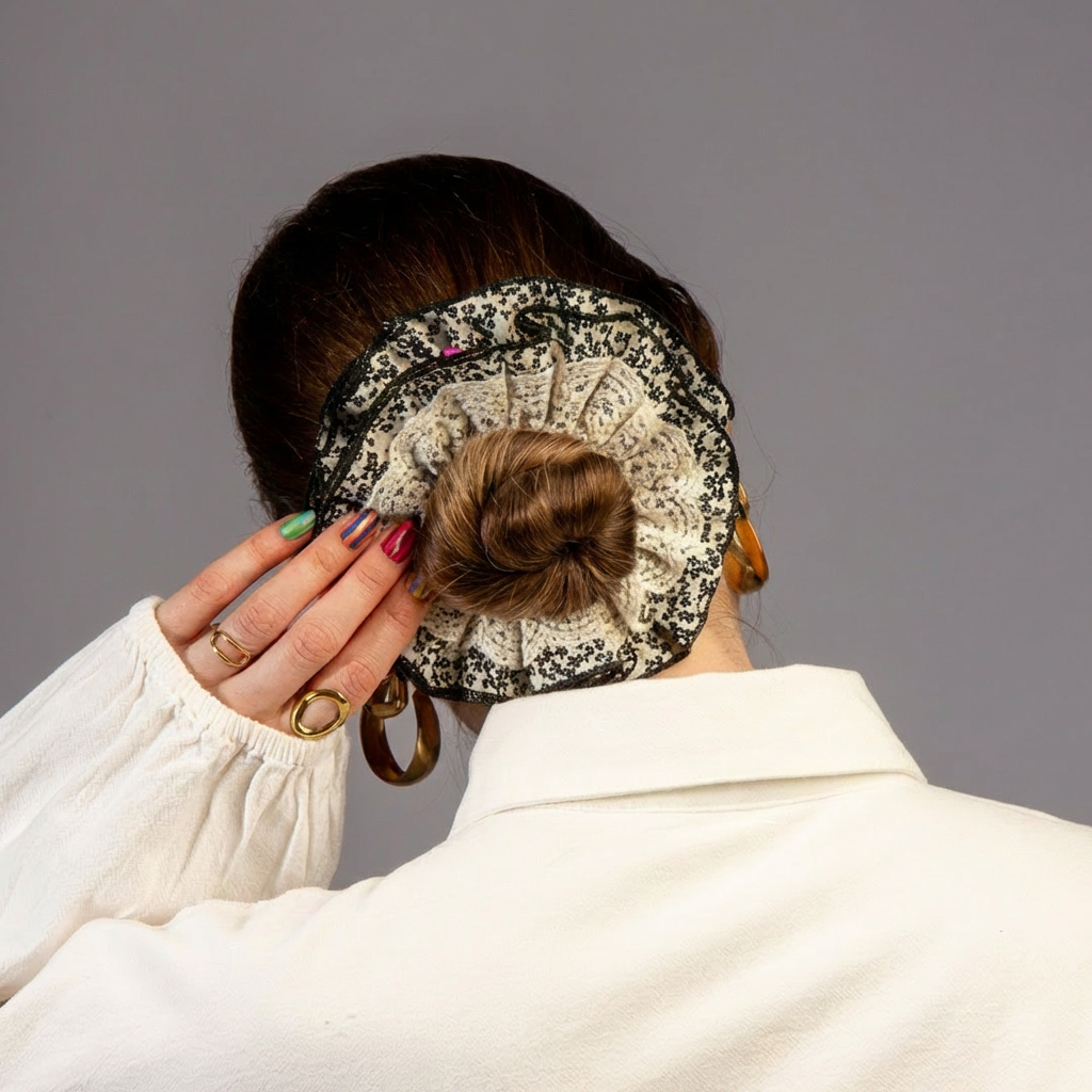 Model foto van hand die scrunchie vasthoudt met zwart wit kant